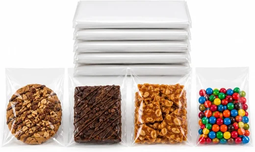 Crisp Seal 5x7 clear bags displaying cookies, pretzels and colorful candy