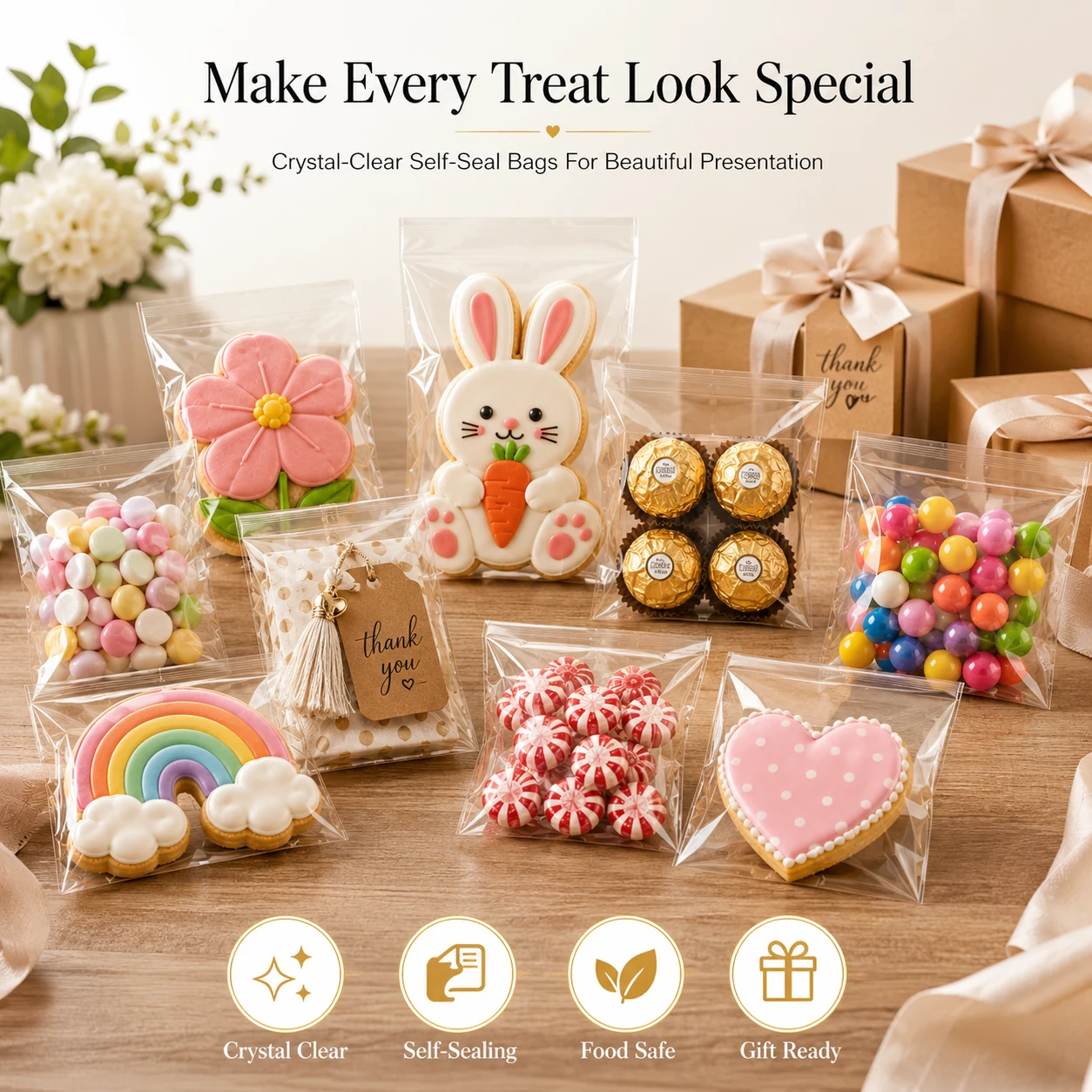 Crisp Seal packaging in use with decorated cookies, candy, chocolates and party favors